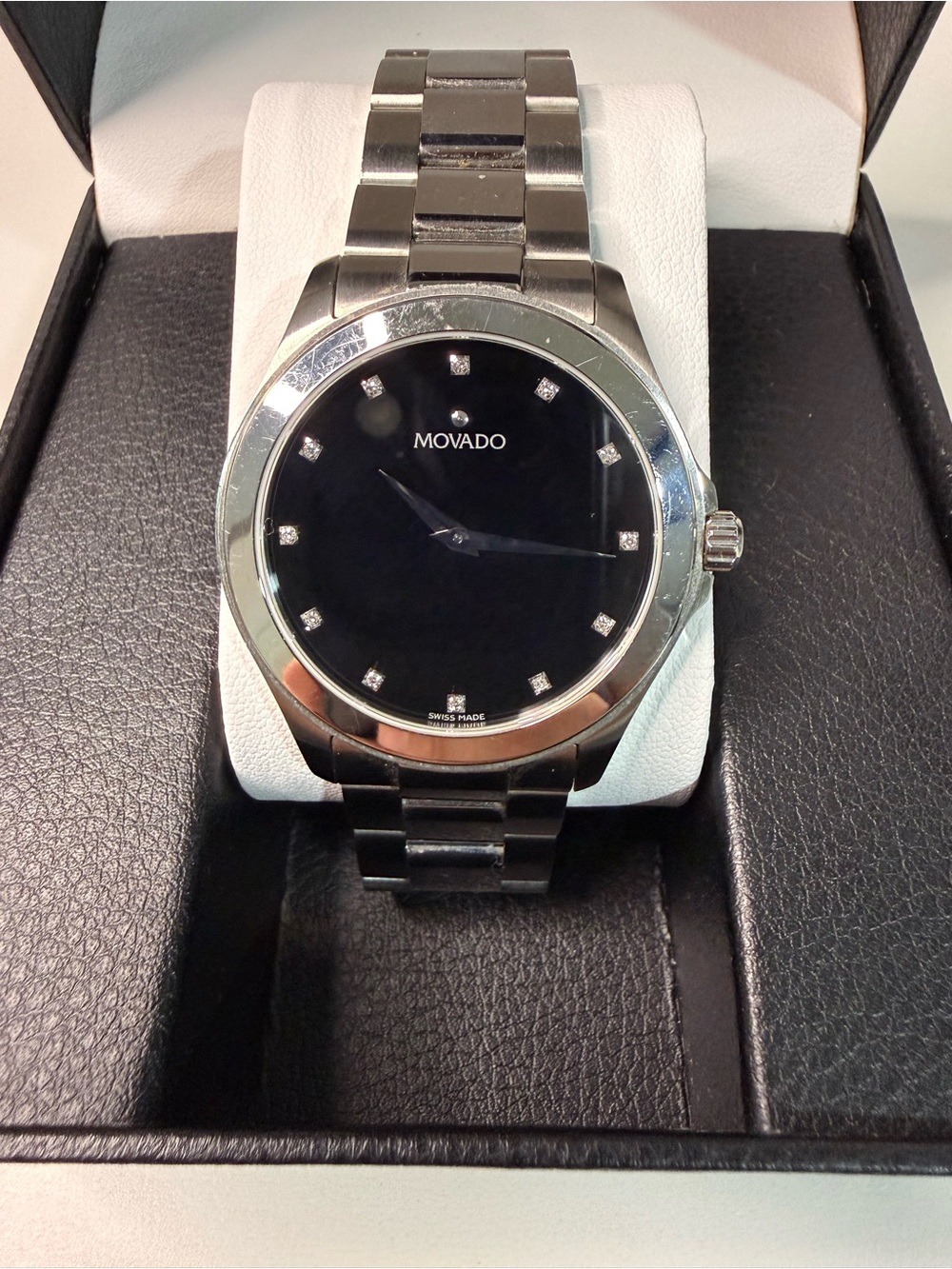 Movado Stainless Steel Bracelet Watch with Black Dial and Diamond Markers